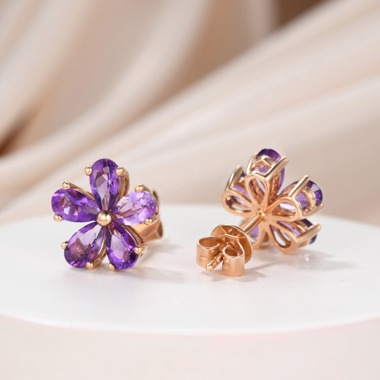 2ct Amethyst Flower Earrings in 5 Petal Floral Style Sterling Studs with Posts in Sterling Silver February Birthday Gift