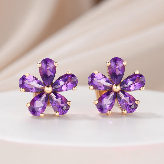 2ct Amethyst Flower Earrings in 5 Petal Floral Style Sterling Studs with Posts in Sterling Silver February Birthday Gift