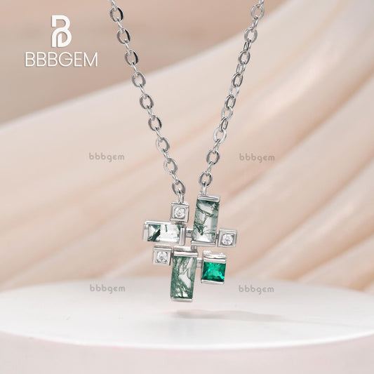 Geometric Tetris Pendant Art Deco Baguette Moss Agate and Diamond 14K White Gold Pendant Fashion Hipster Jewelry