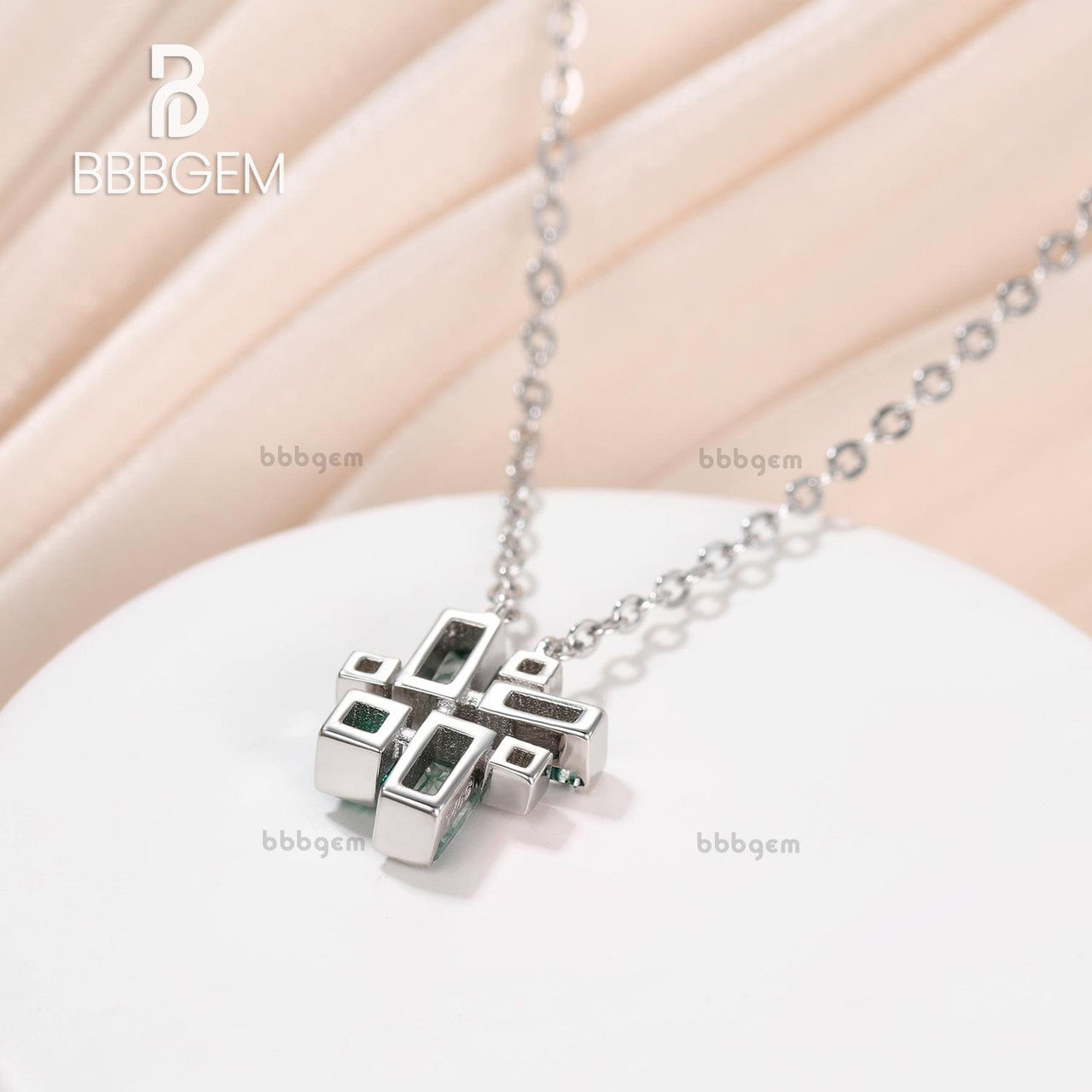 Geometric Tetris Pendant Art Deco Baguette Moss Agate and Diamond 14K White Gold Pendant Fashion Hipster Jewelry