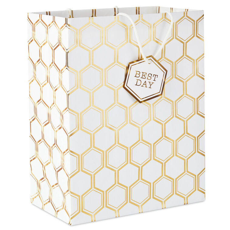 13" Gold Foil Hexagons on White Large Gift Bag