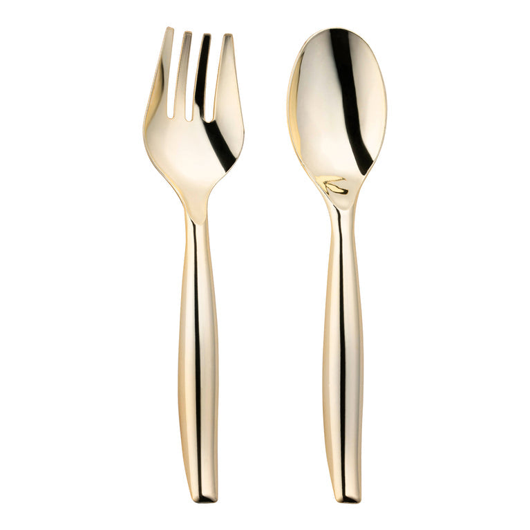 Gold Disposable Plastic Serving Flatware Set - 5 Serving Spoons and 5 Serving Forks
