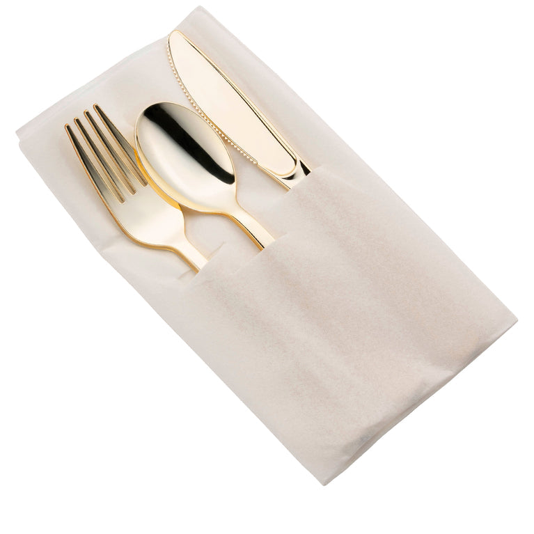 Gold Plastic Cutlery in White Pocket Napkin Set - 7 Napkins, 7 Forks, 7 Knives, and 7 Spoons
