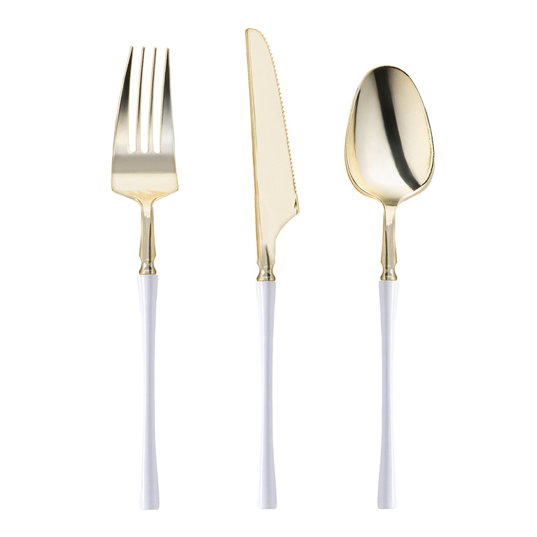 Gold with White Handle Moderno Disposable Plastic Cutlery Set - 20 Spoons, 20 Forks and 20 Knives