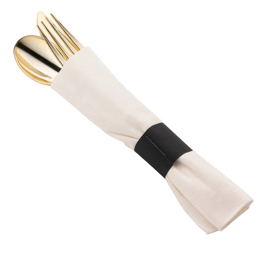 Gold Plastic Cutlery in White Napkin Rolls Set - 10 Napkins, 10 Forks, 10 Knives, 10 Spoons and 10 Paper Rings