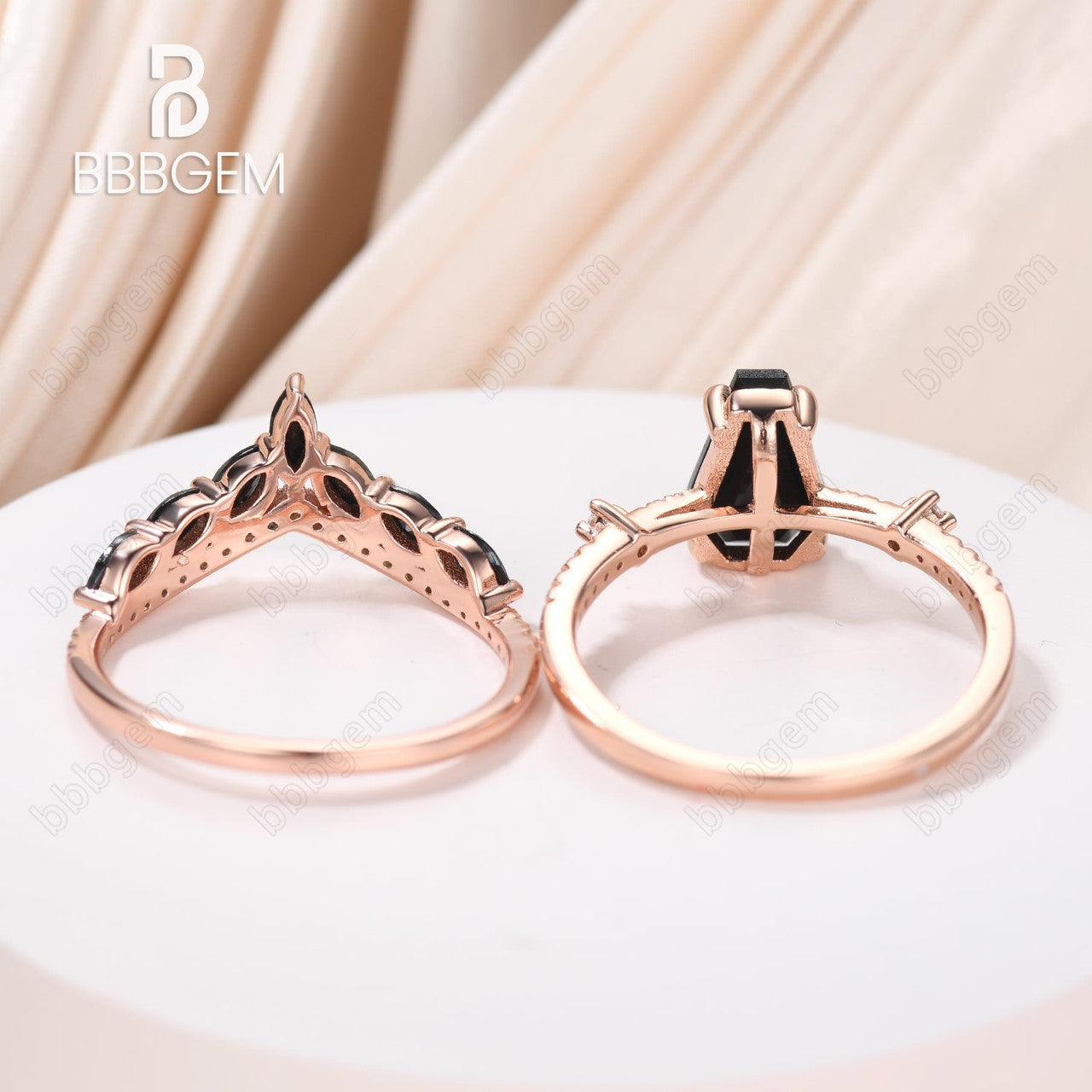 Gothic Coffin Shaped Wedding Set Black Onyx 14k Gold Ring & Marquise Cut Black Spinel Band