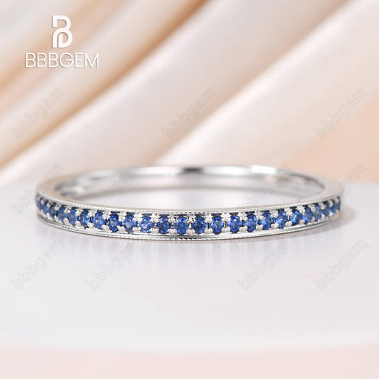 Grain Set & Mill-Grain Sapphire Wedding Band Half Eternity 1.5mm White Gold