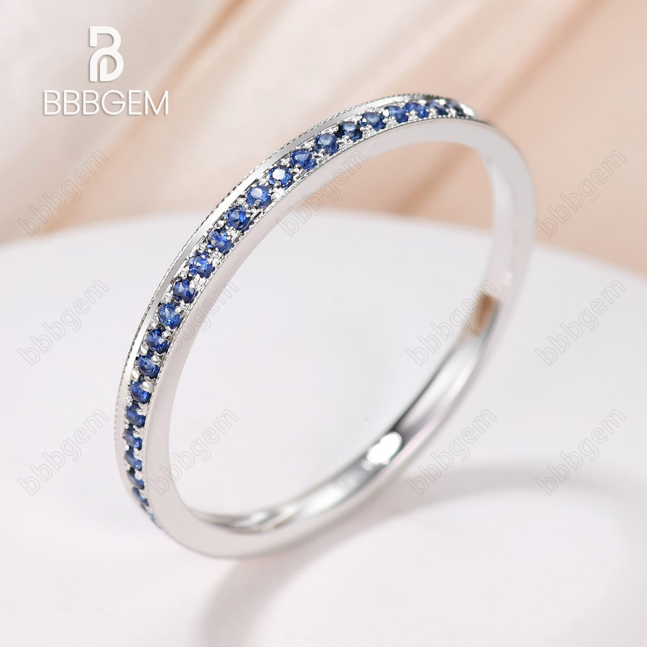 Grain Set & Mill-Grain Sapphire Wedding Band Half Eternity 1.5mm White Gold
