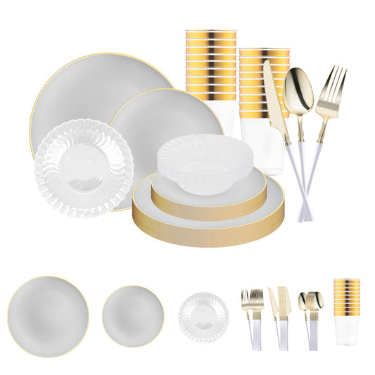 Gray with Gold Organic Disposable Plastic Tableware Set