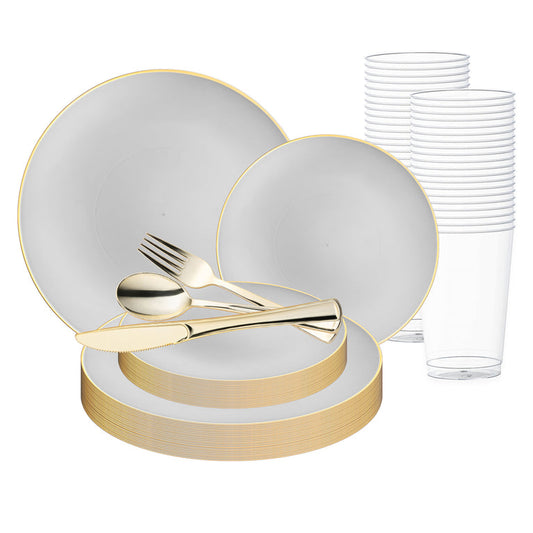 Gray with Gold Organic Round Disposable Plastic Wedding Value Set