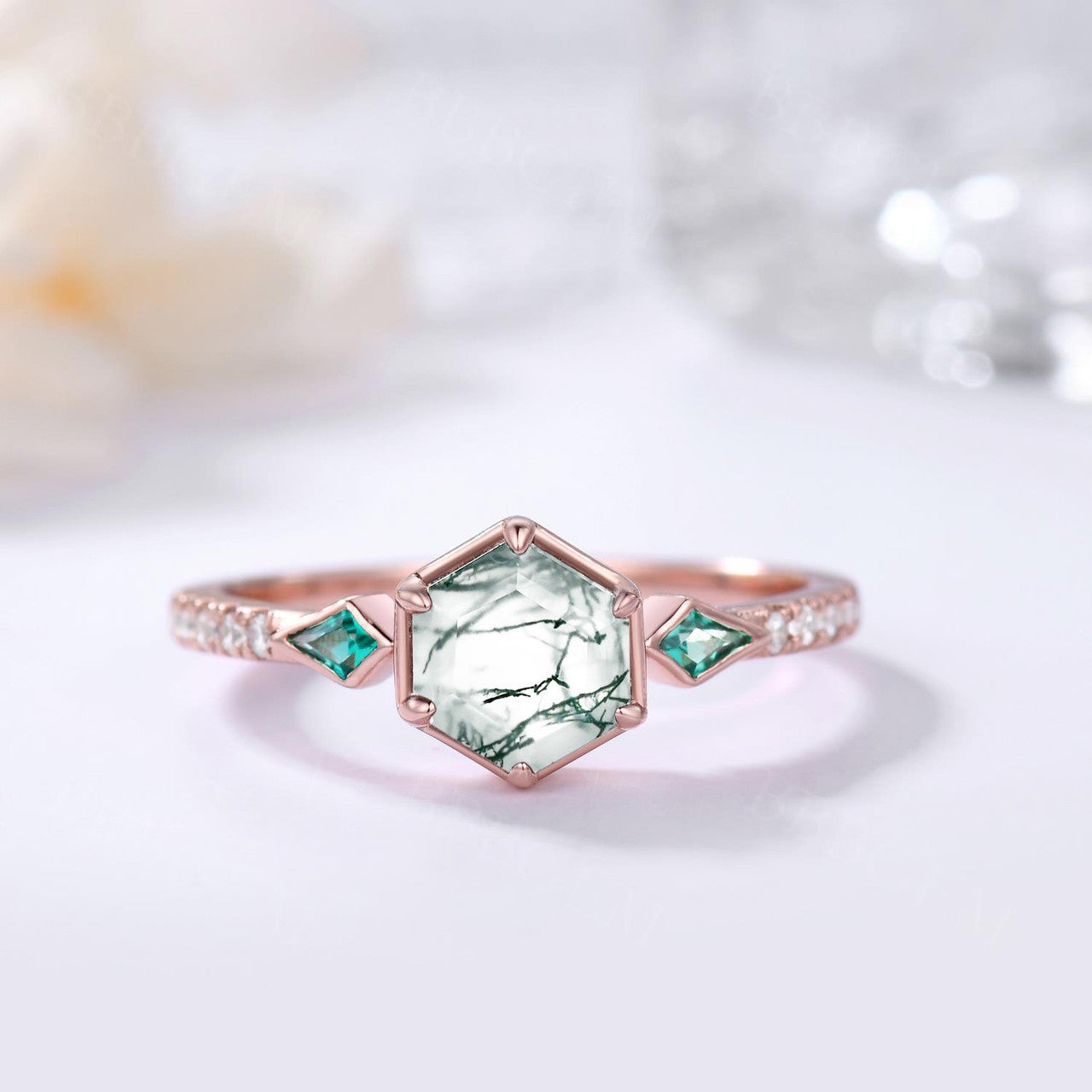 Geometric Rose Gold Green Moss Agate Ring Shaped Cut Hexagon Moss Agate Emerald Engagament Rings