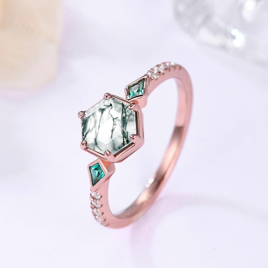 Geometric Rose Gold Green Moss Agate Ring Shaped Cut Hexagon Moss Agate Emerald Engagament Rings
