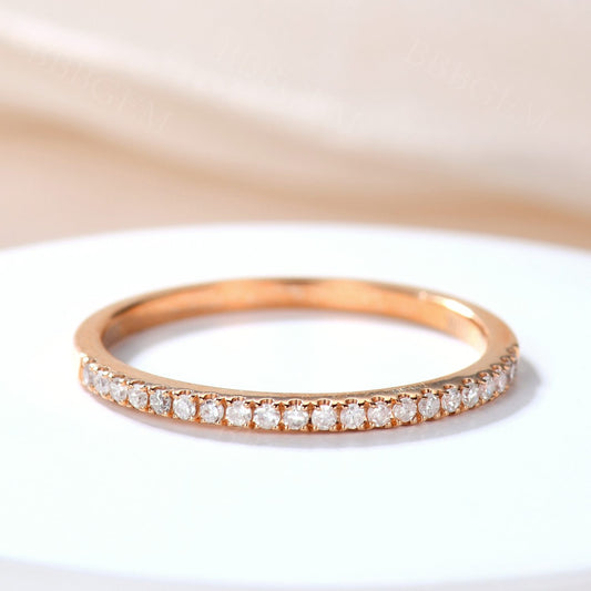 Diamond Wedding Rings For Her 14k Rose Gold Thin Pave 1/2 Half Eternity Band Stacked Ring