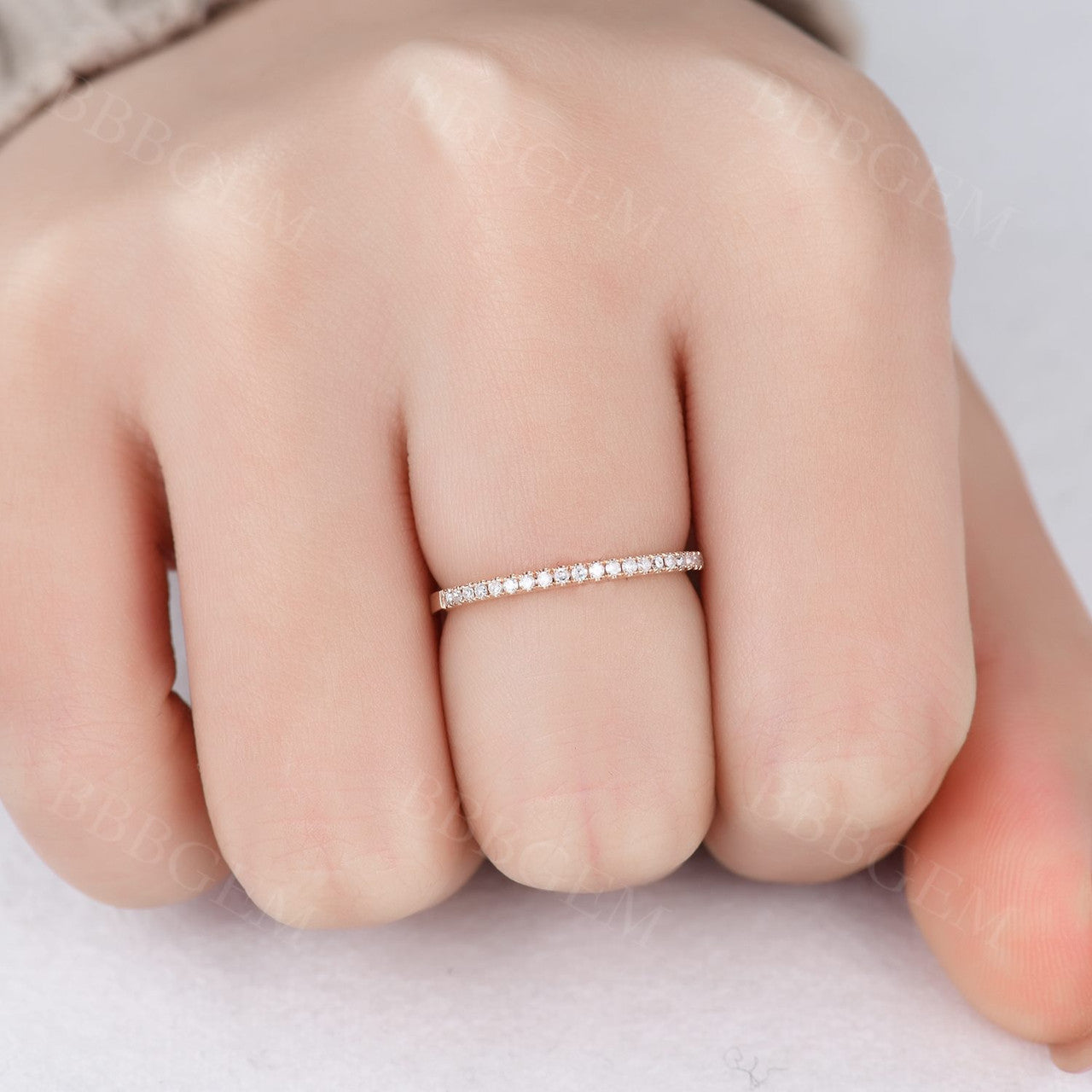 Diamond Wedding Rings For Her 14k Rose Gold Thin Pave 1/2 Half Eternity Band Stacked Ring