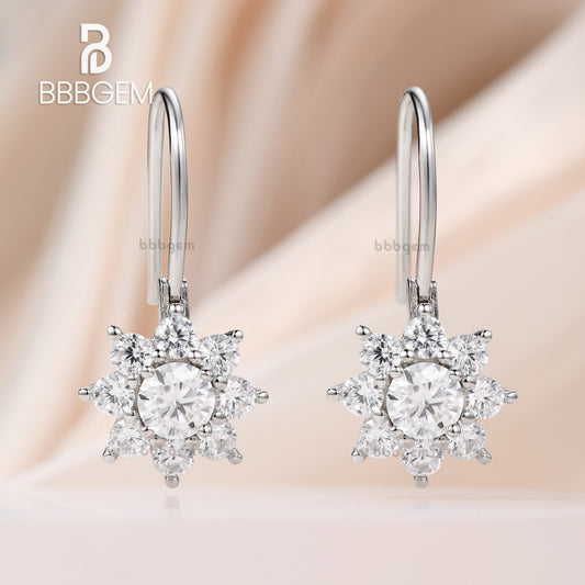 Hook Dangle Earrings Halo Moissanite Flower Earrings For Women Cluster Sunflower Round Moissanite Drop Earrings For Her