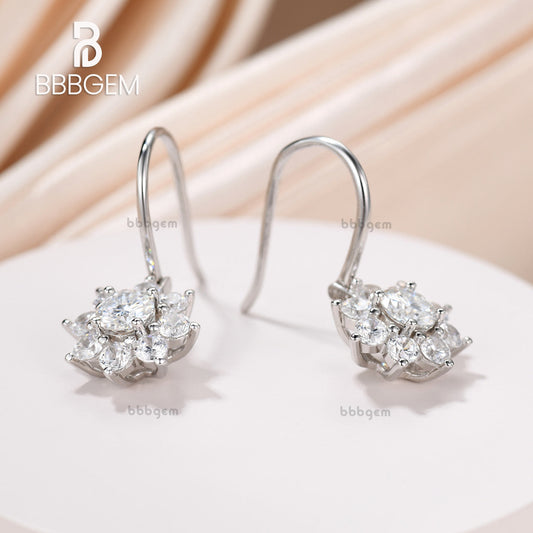 Hook Dangle Earrings Halo Moissanite Flower Earrings For Women Cluster Sunflower Round Moissanite Drop Earrings For Her