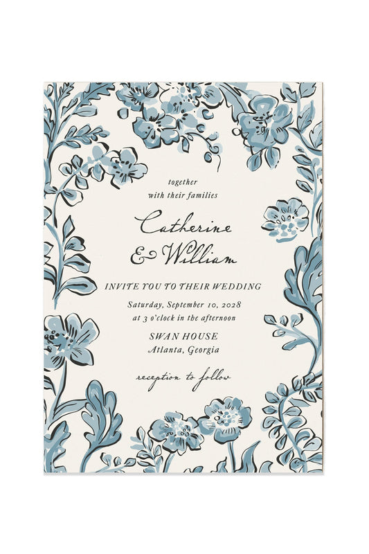 Doodle Blue Floral Wedding Invitation | Catherine