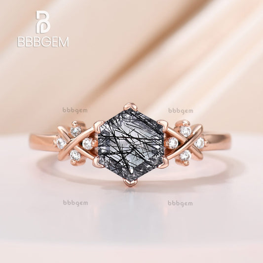 Hexagon Cut Black Rutilated Quartz Rose Gold Engagement Ring Crossover Diamond