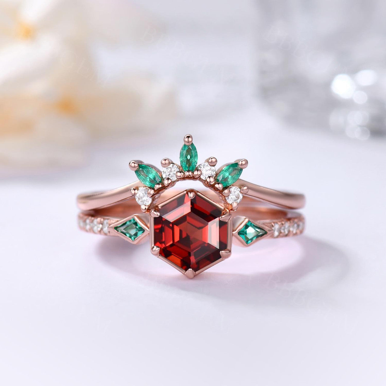 3-Stones Hexagon Lab Ruby w/ Kite Cut Emerald Sidestones Wedding Ring Set Bezel Prong Rose Gold