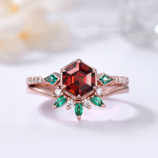 18K Rose Gold Garnet and Emerald Hexagon Engagement Ring Set Vintage Three Stone Bridal Set