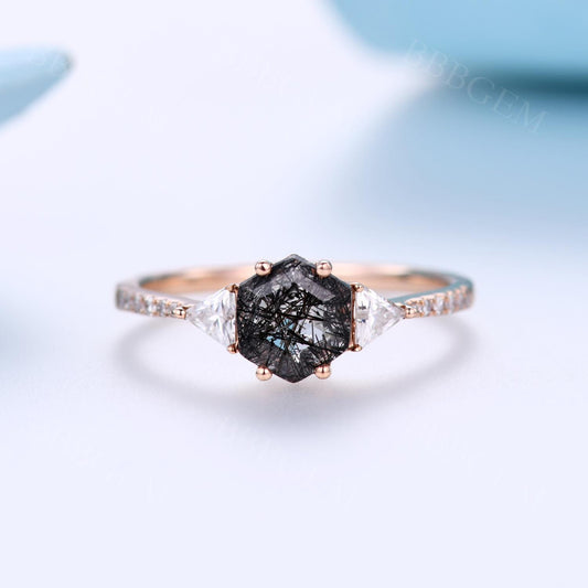 Hexagon Black Rutilated Quartz Engagement Ring Diamond Ring