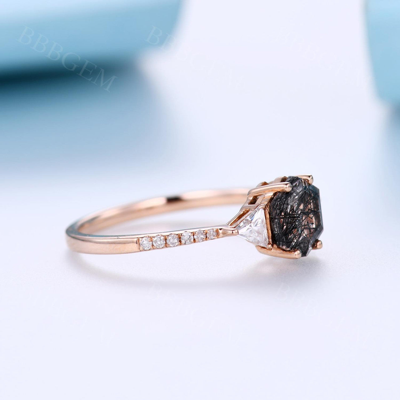 Hexagon Black Rutilated Quartz Engagement Ring Diamond Ring