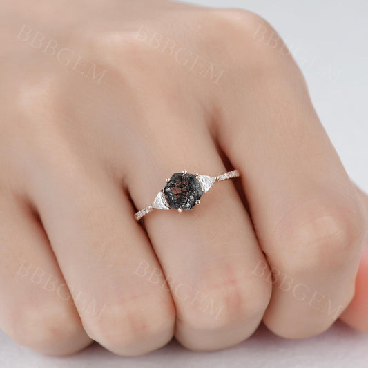 Hexagon Black Rutilated Quartz Engagement Ring Diamond Ring