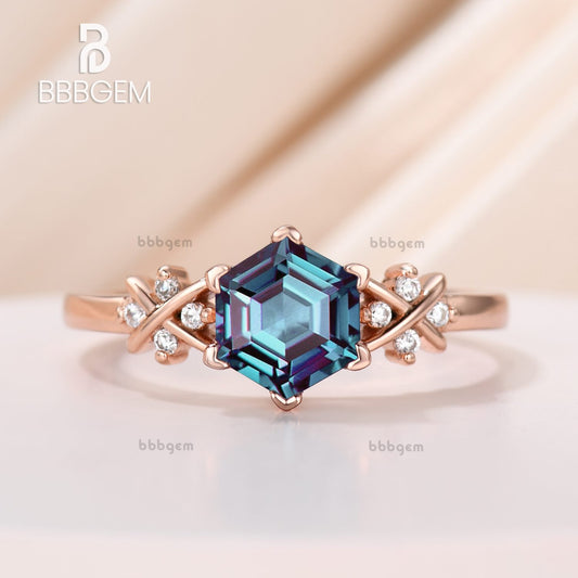 Hexagon Cut Lab Alexandrite Vintage Bridal Ring Set Anniversary Gift 14K Rose Gold Kite Cut Alexandrite Engagement Ring