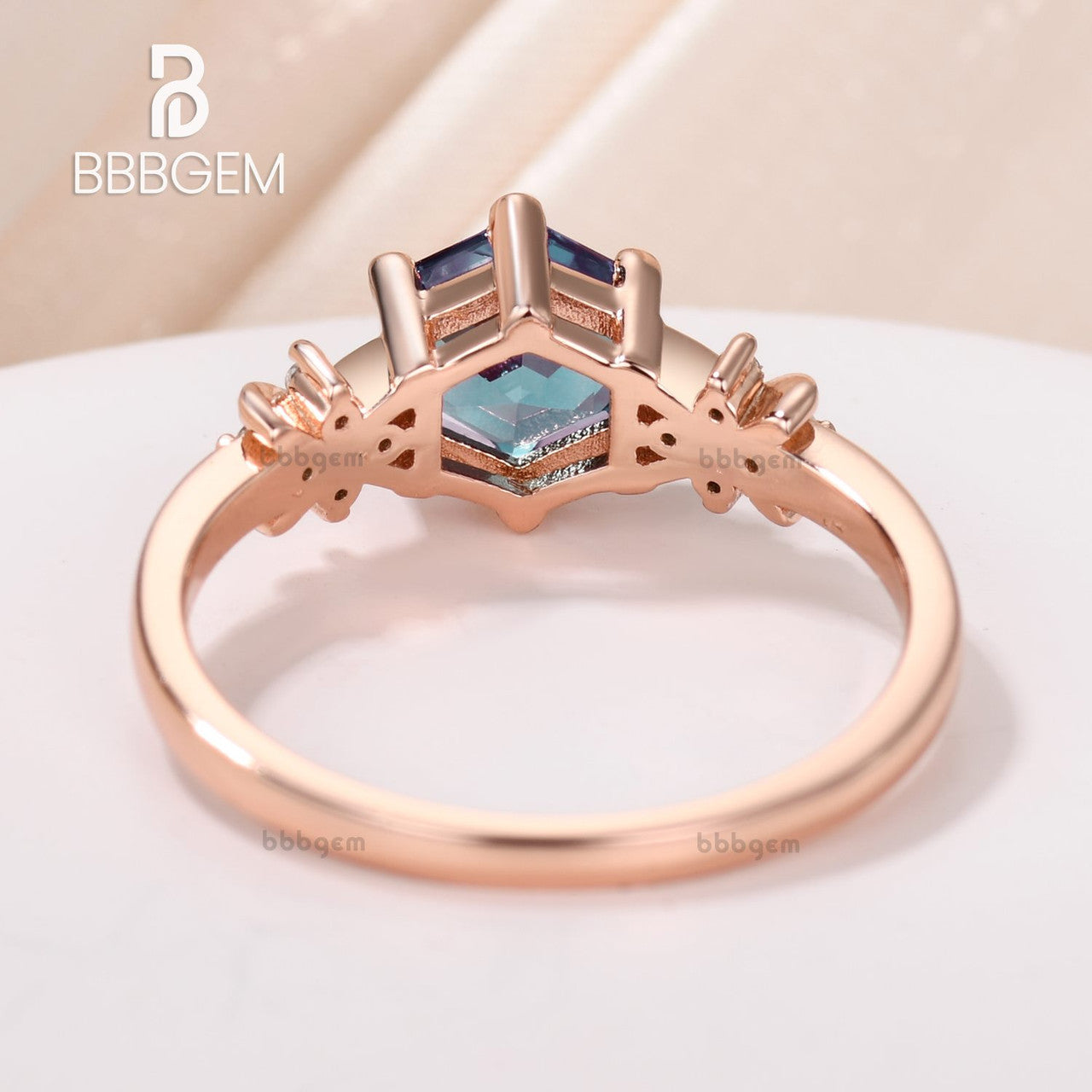 Hexagon Cut Black Rutilated Quartz Rose Gold Engagement Ring Crossover Diamond