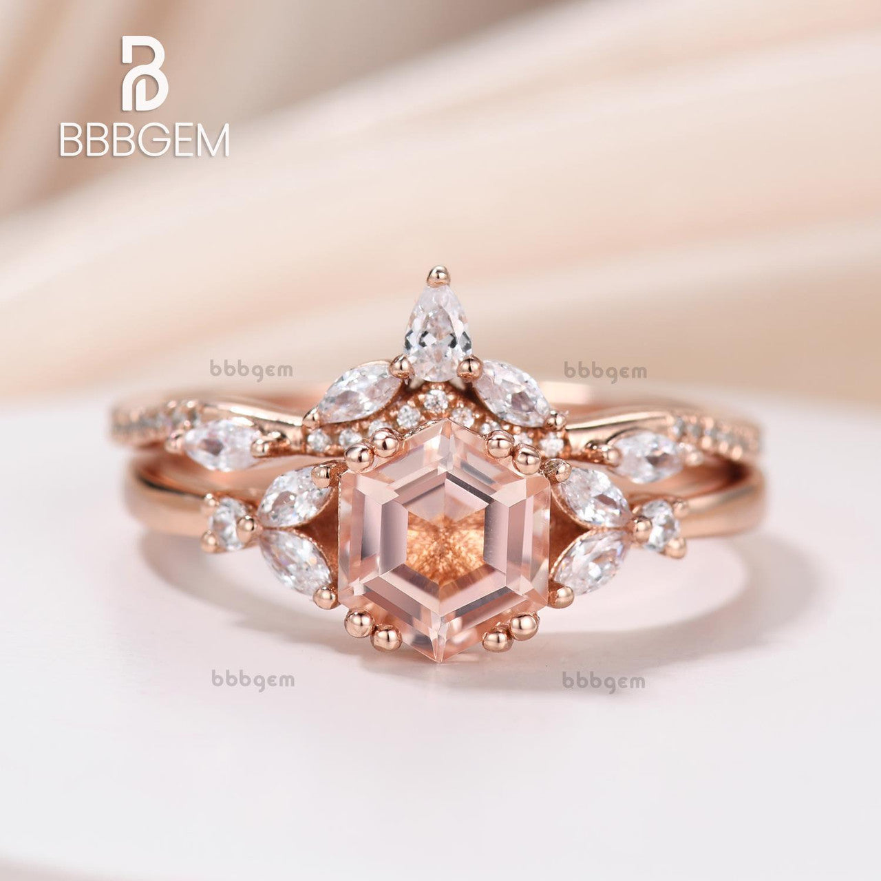 Hexagon Cut 1CT Natural Morganite Engagement Ring Set Rose Gold Bridal Anniversary Ring