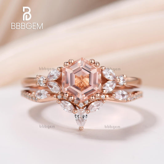 Hexagon Cut 1CT Natural Morganite Engagement Ring Set Rose Gold Bridal Anniversary Ring