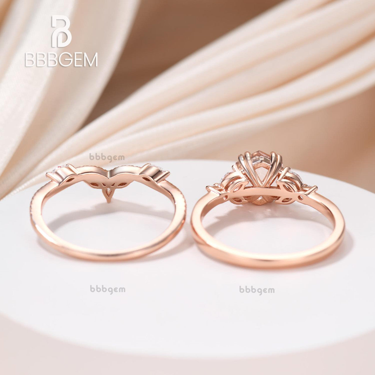 Hexagon Cut 1CT Natural Morganite Engagement Ring Set Rose Gold Bridal Anniversary Ring