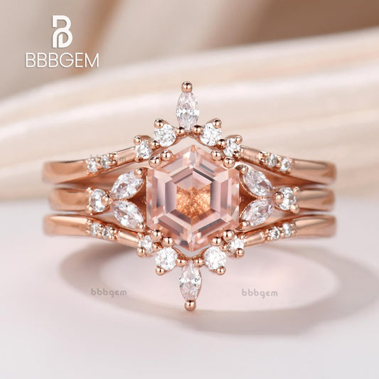Hexagon Morganite Engagement Ring Set Diamond Ring Wraps & Enhancer Band for Hexagon Gemstone