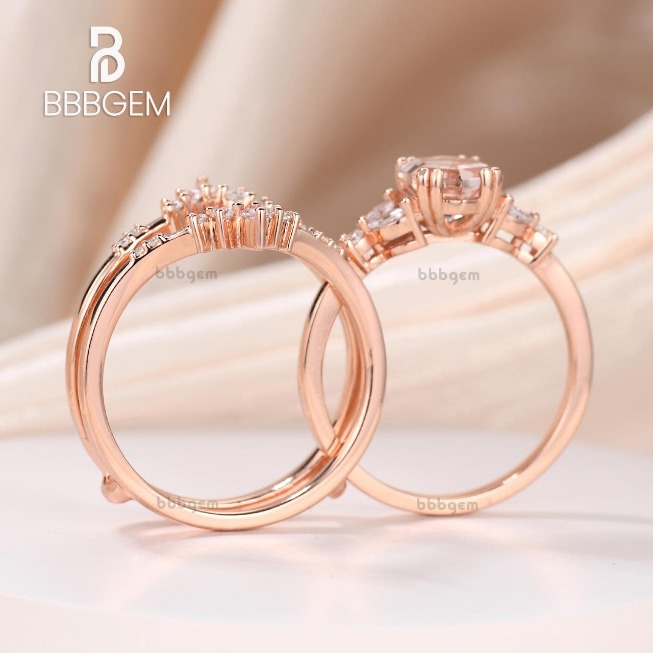 Hexagon Morganite Engagement Ring Set Diamond Ring Wraps & Enhancer Band for Hexagon Gemstone