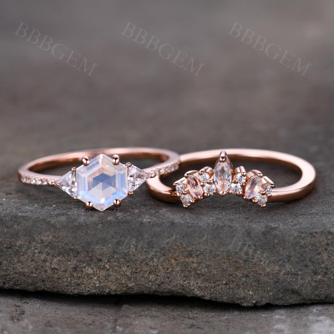 Hexagon Moonstone Engagement Ring Set 14K Rose Gold Bridal Set Side Triangle Moissanite Diamond Bridal Set