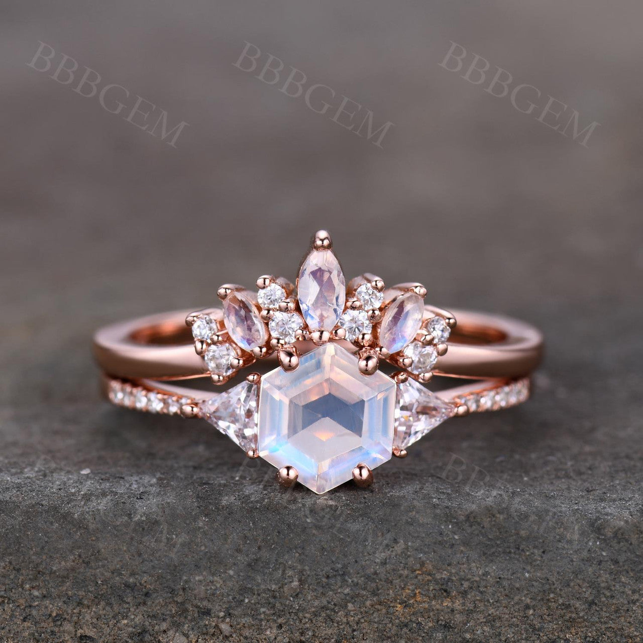 Hexagon Moonstone Engagement Ring Set 14K Rose Gold Bridal Set Side Triangle Moissanite Diamond Bridal Set