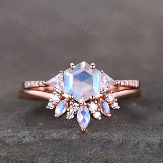 Hexagon Moonstone Engagement Ring Set 14K Rose Gold Bridal Set Side Triangle Moissanite Diamond Bridal Set