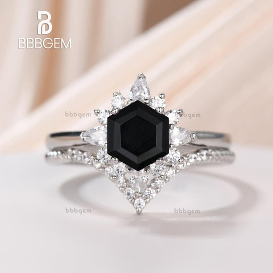 Hexagon Black Onyx Engagement Ring Set Diamond Elongated Diamond Chervon Band in 14K White Gold