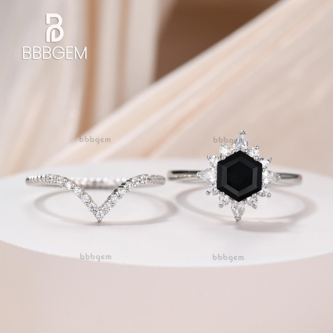 Hexagon Black Onyx Engagement Ring Set Diamond Elongated Diamond Chervon Band in 14K White Gold
