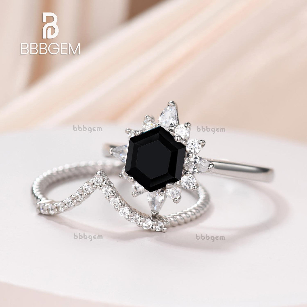 Hexagon Black Onyx Engagement Ring Set Diamond Elongated Diamond Chervon Band in 14K White Gold