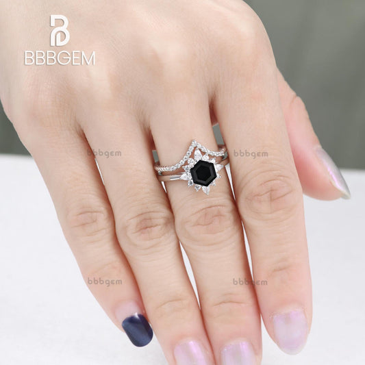 Hexagon Black Onyx Engagement Ring Set Diamond Elongated Diamond Chervon Band in 14K White Gold