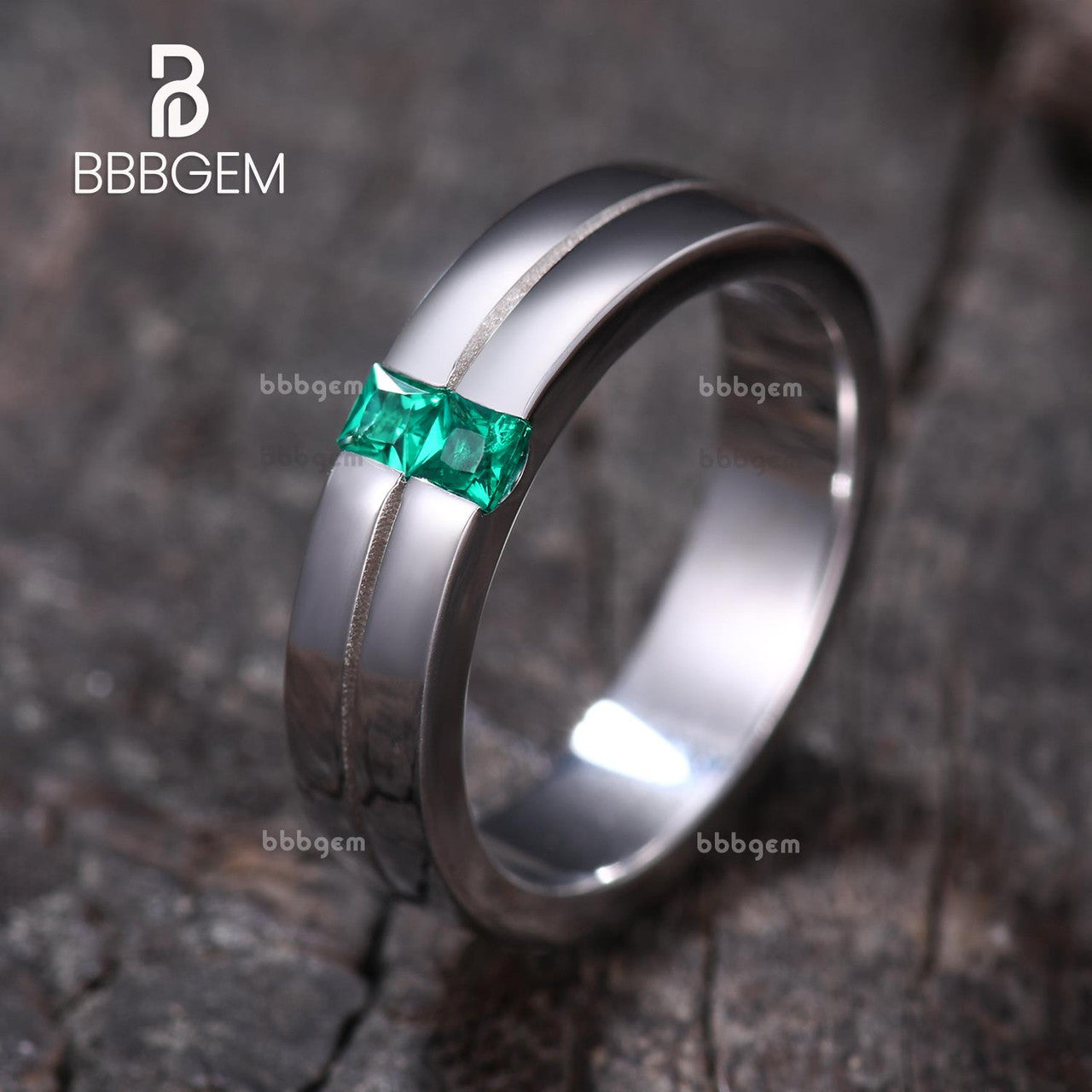 2.5mm Princess Green Emerald Men's 2 Stone Band With Stripe Line Pattern You & Me Couple Gender-neutral Ring