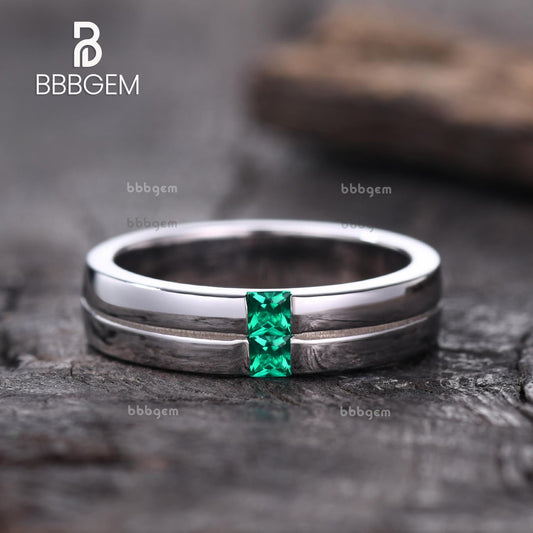 2.5mm Princess Green Emerald Men's 2 Stone Band With Stripe Line Pattern You & Me Couple Gender-neutral Ring