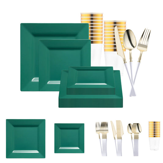 Hunter Green Square Disposable Plastic Tableware Set