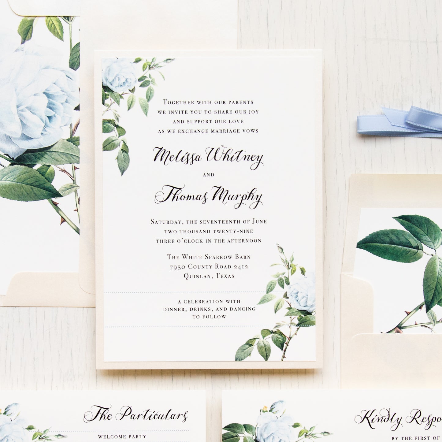 Ivory & Blue Floral Wedding Invitations