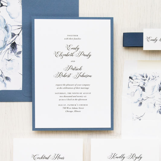 Steel Blue Script Wedding Invitations