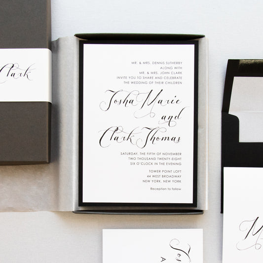 Boxed Black Script Wedding Invitations