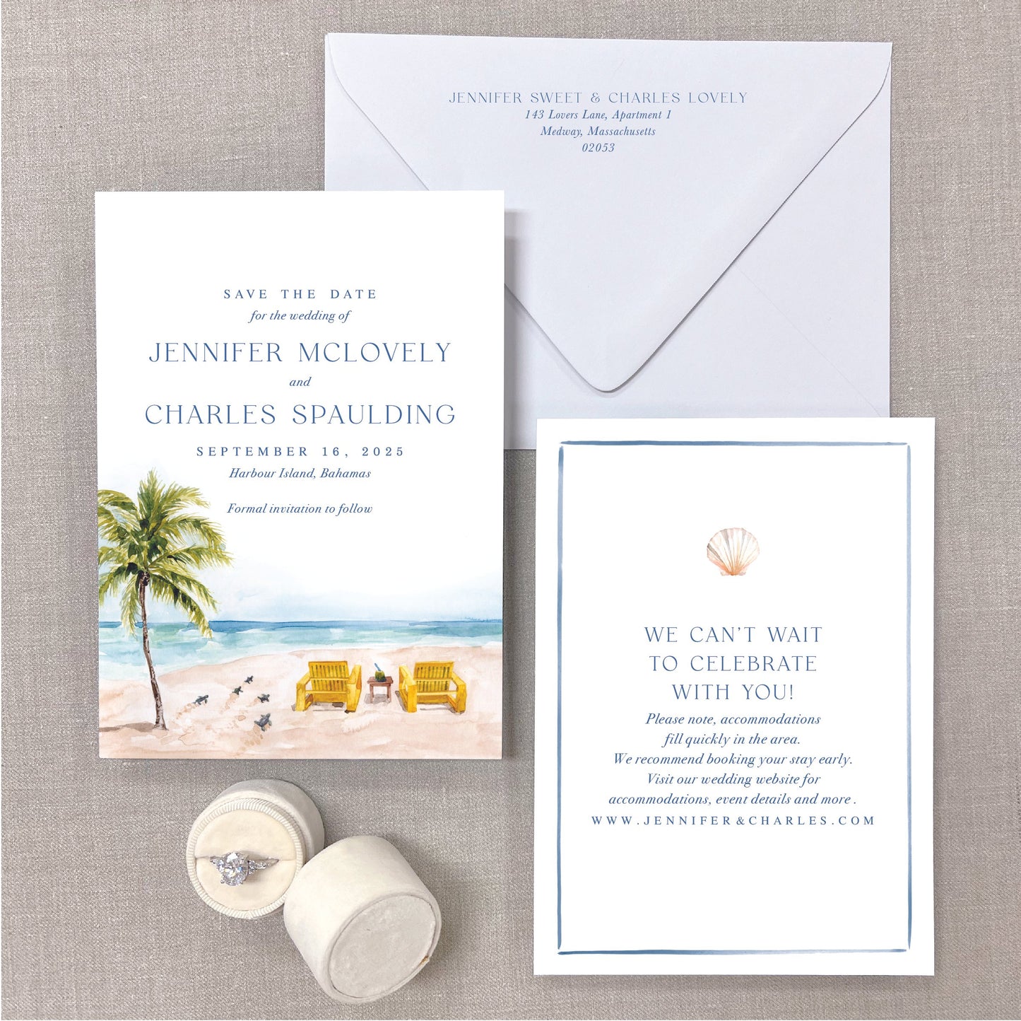 Harbor Island, Bahamas, Tropical Beach Scene Watercolor Save The Dates