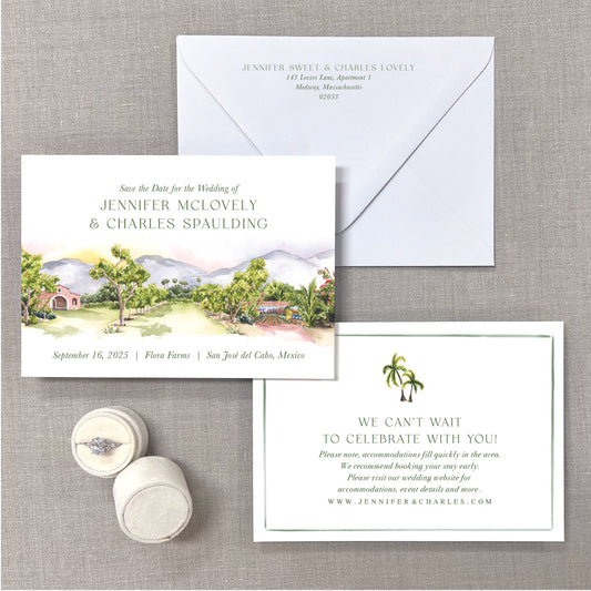 Flora Farms, San Jose Del Cabo, Mexico, Watercolor Venue Save The Dates