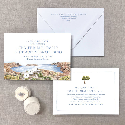 Aenaon Villas, Santorini, Greece, Watercolor Venue Save The Dates